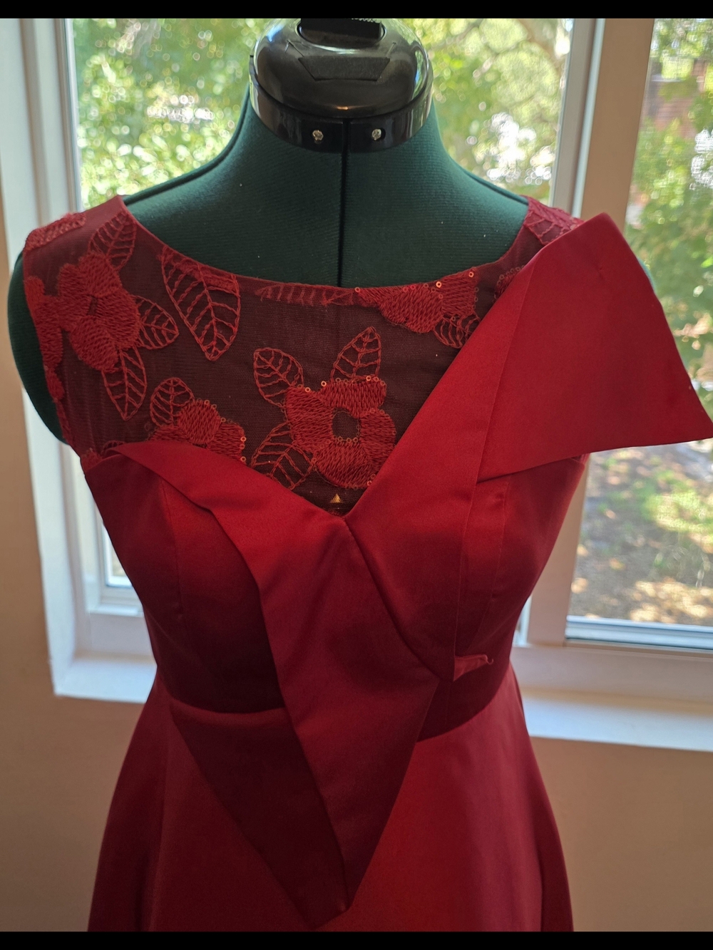 Red Floral Lace Yoke Maxi Dress